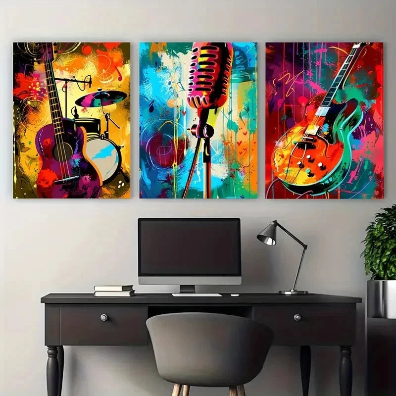3pcs Abstract Guitar Drum and Microphone Metal Print Ready to Hang Art
