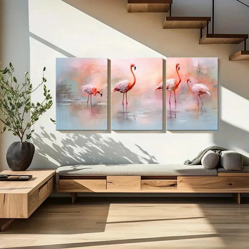 3pcs Pink Flamingo Abstract Animal Art Soft Colors Metal Print Ready to Hang Art