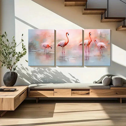 3pcs Pink Flamingo Abstract Animal Art Soft Colors Metal Print Ready to Hang Art