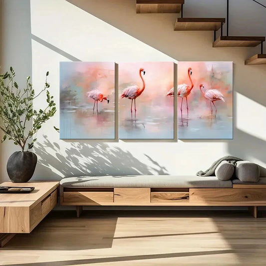 3pcs Pink Flamingo Abstract Animal Art Soft Colors Metal Print Ready to Hang Art
