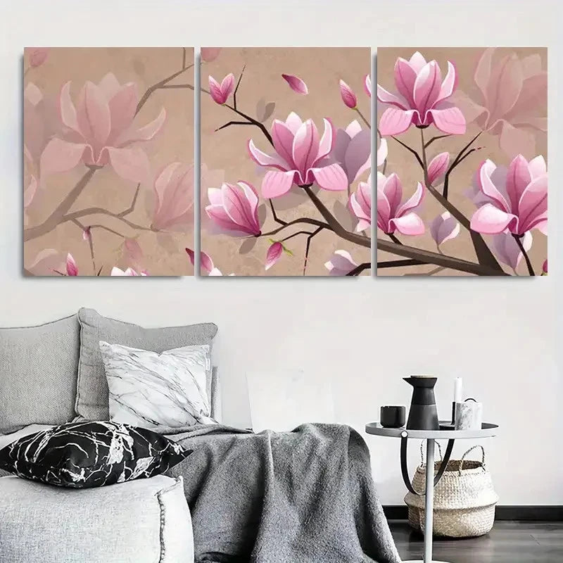 3pcs Pink Magnolia Botanical Branch Wall Art Set Canvas Framed 40x60cm - High Quality Print 100% Australian Made Wall Canvas Ready to Hang