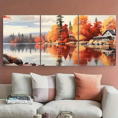 3pcs Autumn Cozy Cabin on The Lake Landscape Metal Print Ready to Hang Art