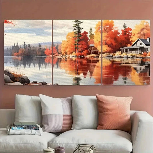 3pcs Autumn Cozy Cabin on The Lake Landscape Metal Print Ready to Hang Art