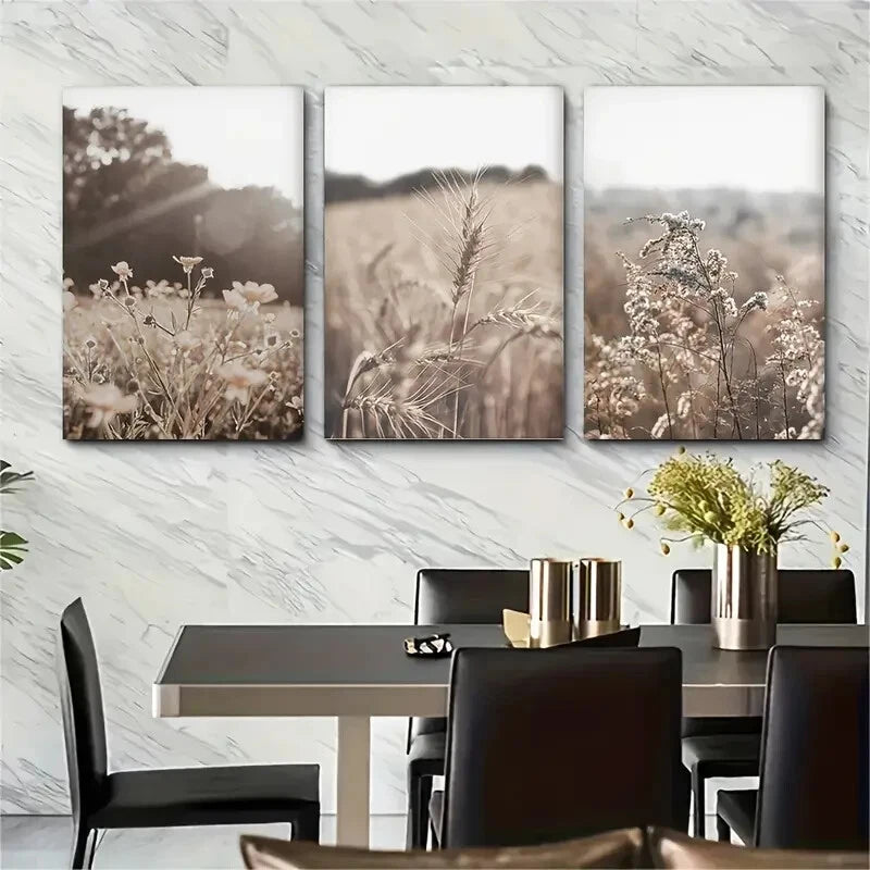 3pcs Nature-Inspired Floral and Wheat Field Metal Print Ready to Hang Art