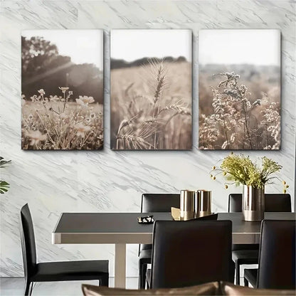 3pcs Nature-Inspired Floral and Wheat Field Metal Print Ready to Hang Art