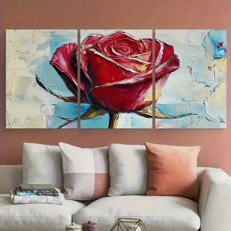 3pcs Red Rose Floral Abstract Impasto Design Metal Print Ready to Hang Art