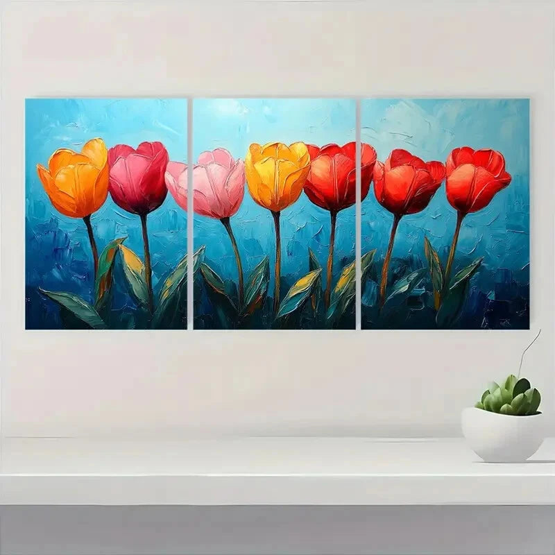 3pcs Vibrant Tulip Impasto Oil Painting Metal Print Ready to Hang Art