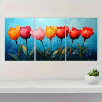 3pcs Vibrant Tulip Impasto Oil Painting Metal Print Ready to Hang Art