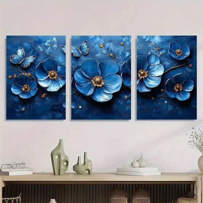 3pcs Navy Blue Flower & Butterfly Metal Print Ready to Hang Art