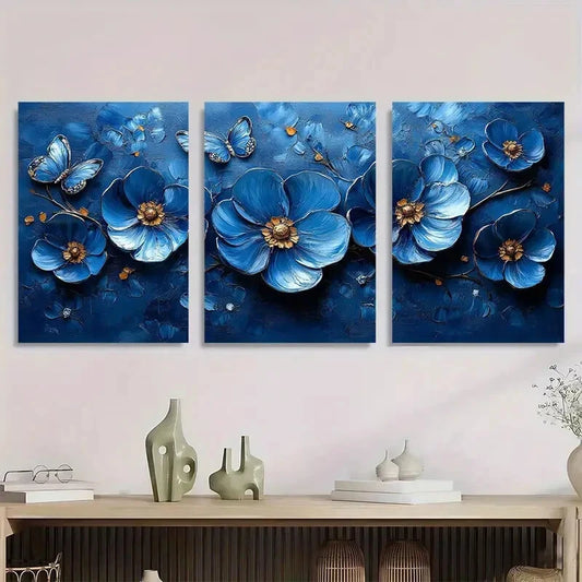 3pcs Navy Blue Flower & Butterfly Metal Print Ready to Hang Art