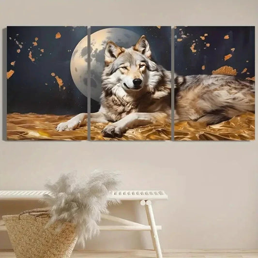 3pcs Wolf On The Moon Golden Moon & Stars Metal Print Ready to Hang Art