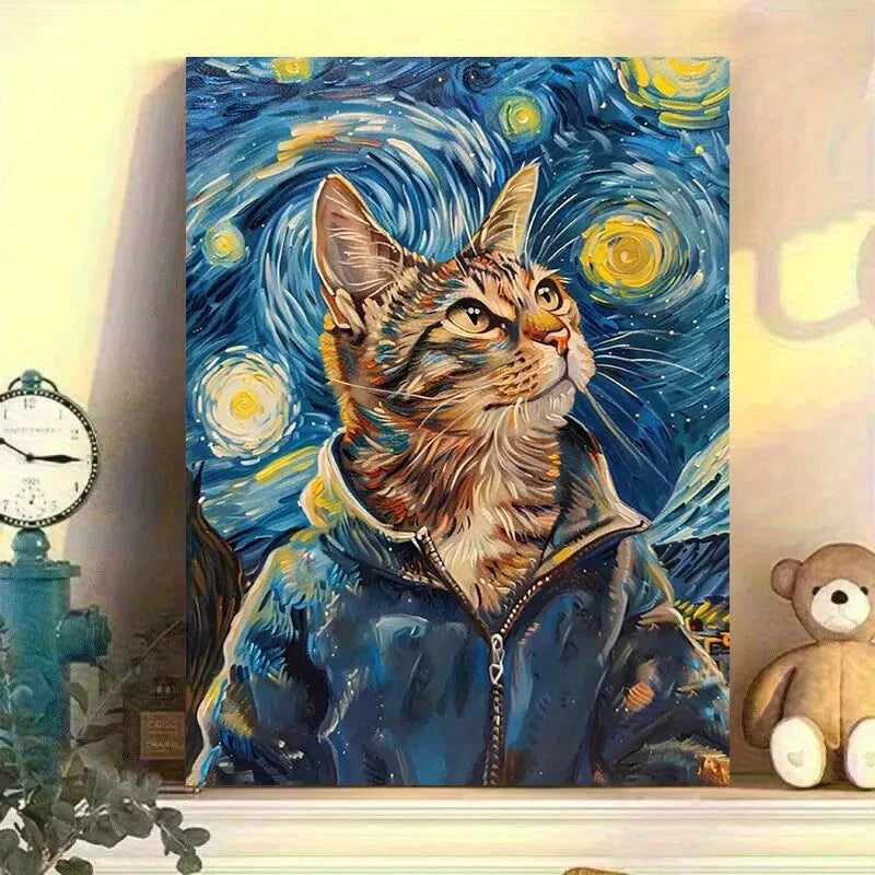 Van Gogh Starry Night Gentleman Cat Whimsical Funny 40x60cm Metal Print Ready to Hang