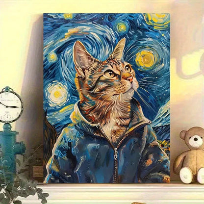 Van Gogh Starry Night Gentleman Cat Whimsical Funny 40x60cm Metal Print Ready to Hang