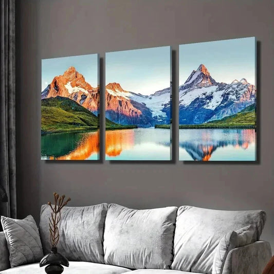 3pcs Snow Mountains Lake & Sunset Painting Wall Art Set Canvas Framed 40x60cm - High Quality Print 100% Australian Made Wall Canvas Ready to Hang