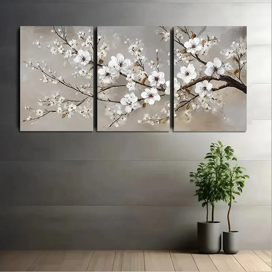 3pcs White Blossoms Plum Blossom Wall Art Set Canvas Framed 60x90cm - High Quality Print 100% Australian Made Wall Canvas Ready to Hang