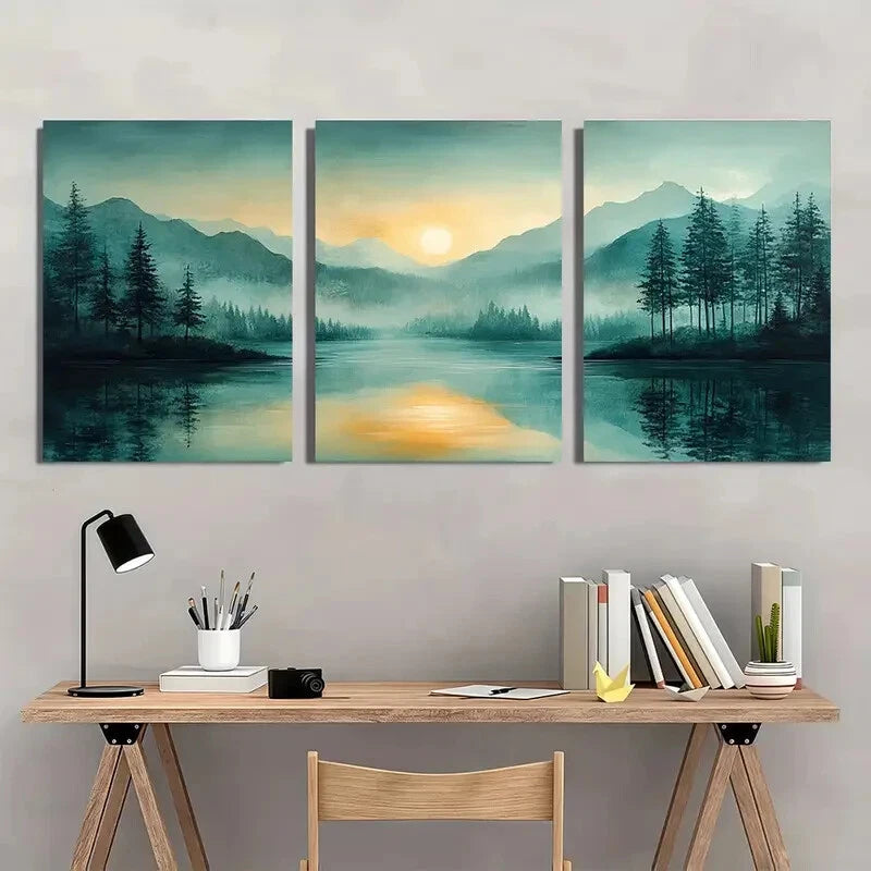 3pcs Mountain Green Pastel Abstract Landscape Metal Print Ready to Hang Art