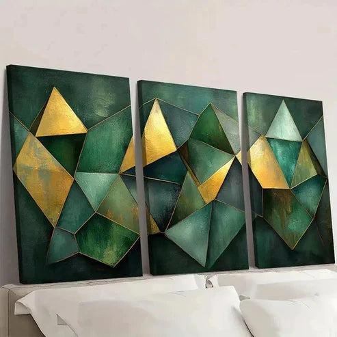 3pcs Green Geometric Polygon OI Wall Art Set Canvas Unframed - High Quality Print 100% Australian Made Wall Canvas - Bella Home Decor
