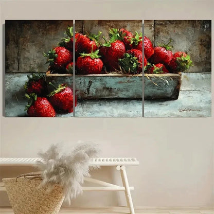 3pcs Fresh Strawberries Rustic Kitchen Farmhouse Wall Art Set Canvas Framed 40x60cm - High Quality Print 100% Australian Made Wall Canvas Ready to Hang