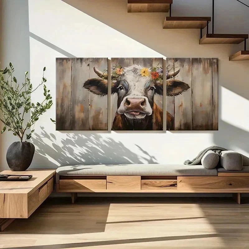 3pcs Farmhouse Cow Farm Animals Rustic Wall Art Set Canvas Framed 40x60cm - High Quality Print 100% Australian Made Wall Canvas Ready to Hang