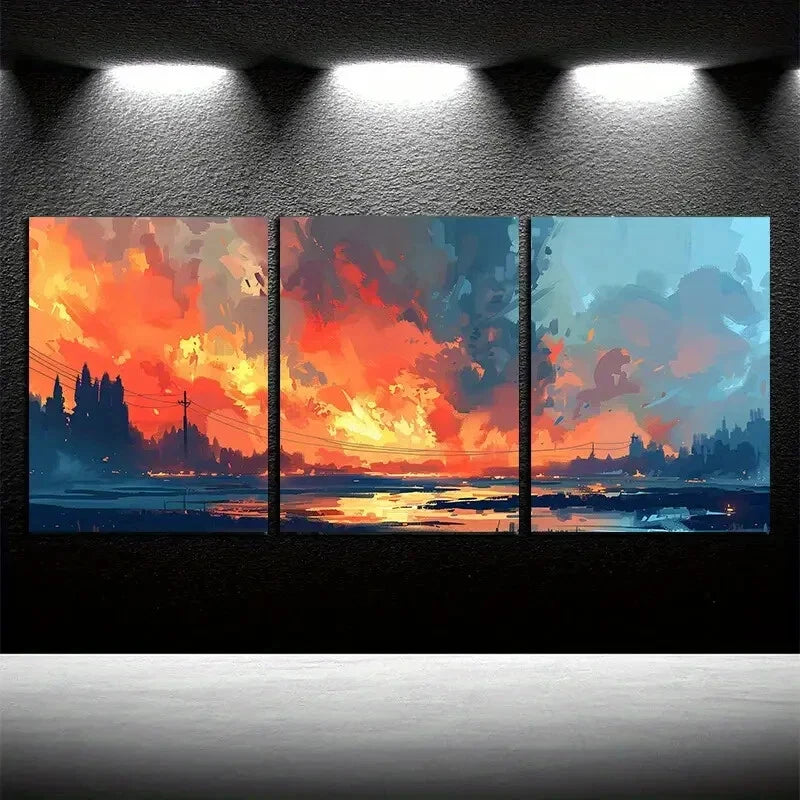 3pcs Vibrant Sunset Sky Landscape Illustration Metal Print Ready to Hang Art