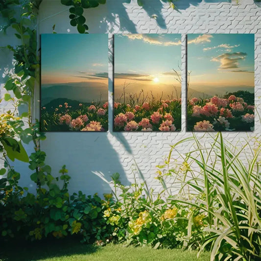 3pcs Vibrant Blooming Flowers Landscape Sunset Metal Print Ready to Hang Art