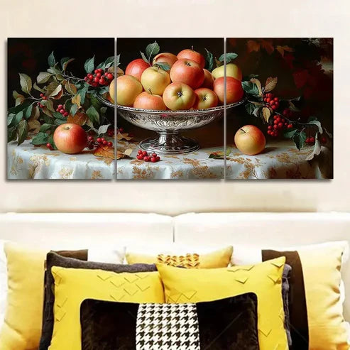 3pcs Silver Bowl Brimming with Apples Wall Art Set Canvas Unframed - High Quality Print 100% Australian Made Wall Canvas
