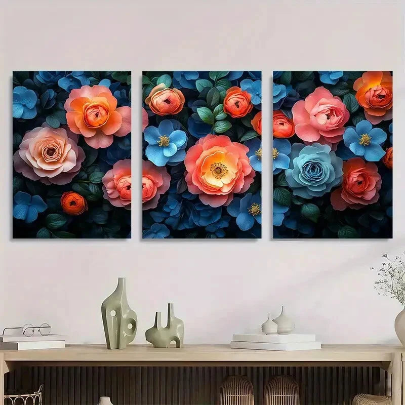 3pcs Vibrant Roses Peonies Bouquet Design Metal Print Ready to Hang Art