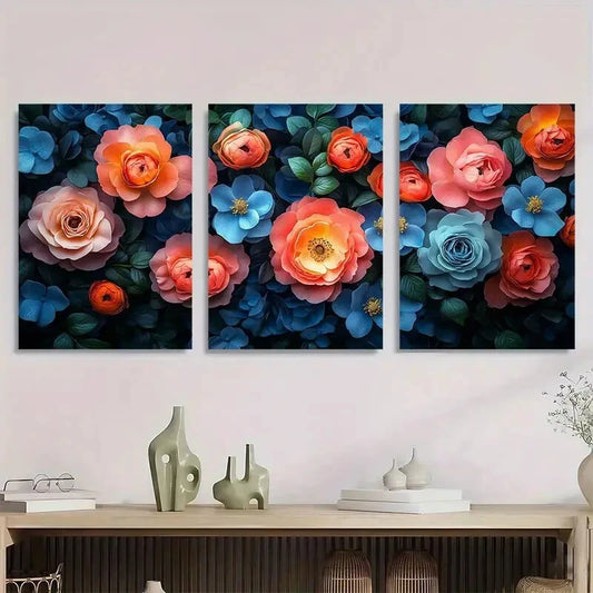3pcs Vibrant Roses Peonies Bouquet Design Metal Print Ready to Hang Art