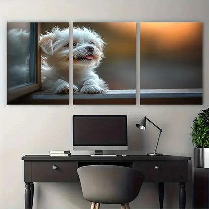 3pcs Cute White Dog Licking Window Metal Print Ready to Hang Art