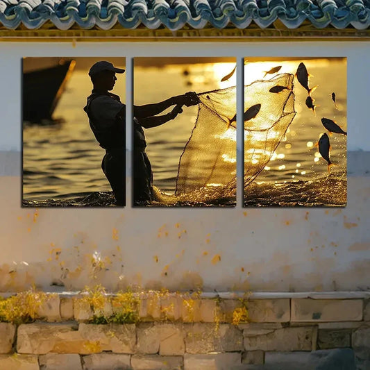 3pcs Fishermen Silhouette Sea Sunset Scenery Metal Print Ready to Hang Art