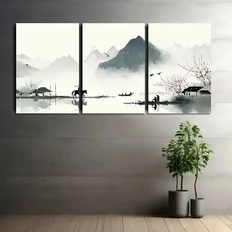 3pcs Chinese Ink Painting with Black Brushstrokes Metal Print Ready to Hang Art