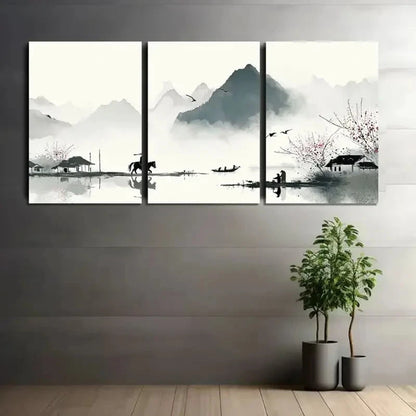 3pcs Chinese Ink Painting with Black Brushstrokes Metal Print Ready to Hang Art