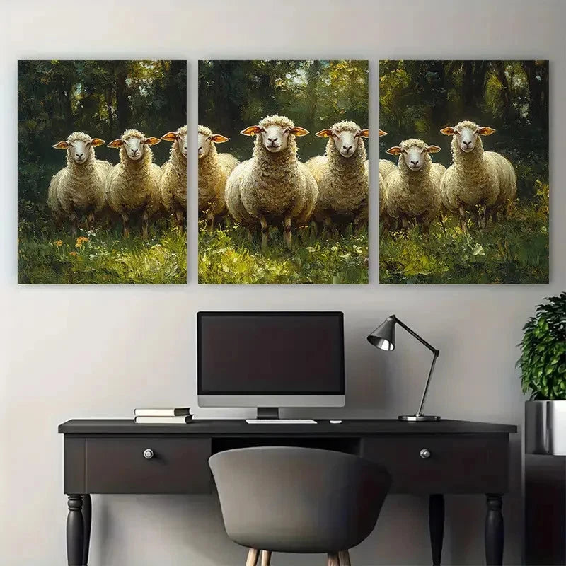3pcs Rustic Sheep with Green Meadow and Sunlit Metal Print Ready to Hang Art