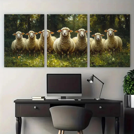 3pcs Rustic Sheep with Green Meadow and Sunlit Metal Print Ready to Hang Art
