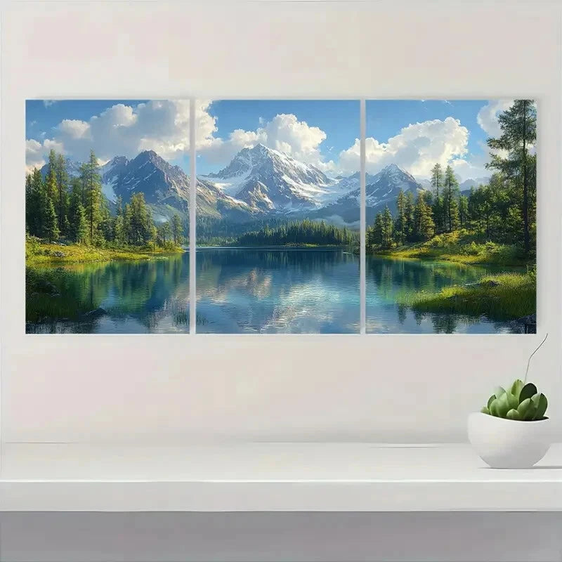 3pcs Summer Lake Serene Water Reflection Landscape Metal Print Ready to Hang Art