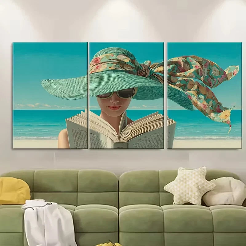 3pcsVintage Women Illustration, Seaside Metal Print Ready to Hang Art