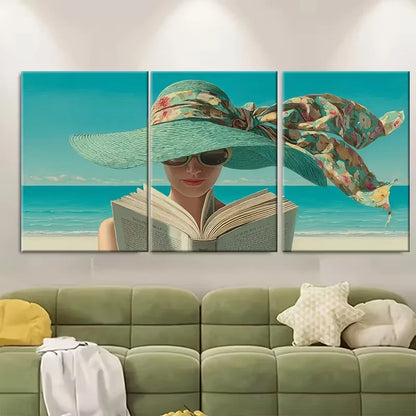 3pcsVintage Women Illustration, Seaside Metal Print Ready to Hang Art