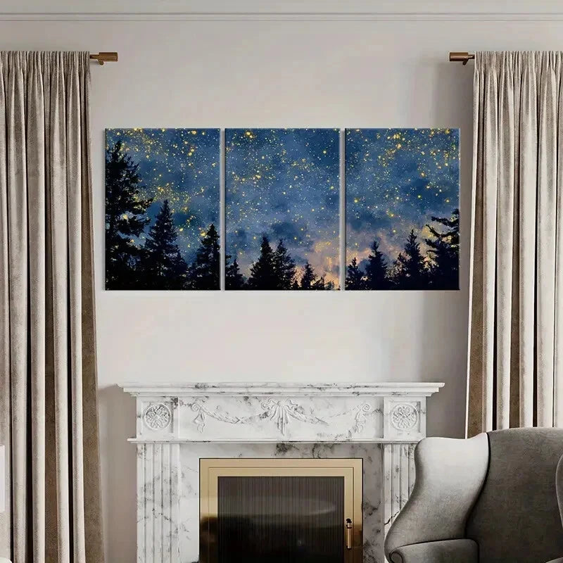 3pcs Forest Night Sky Starry Landscape Pine Trees Metal Print Ready to Hang Art