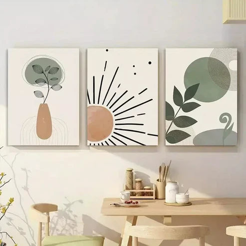 3pcs Green Bohemian Abstract Art with Golden Wall Art Set Canvas Unframed - High Quality Print 100% Australian Made Wall Canvas