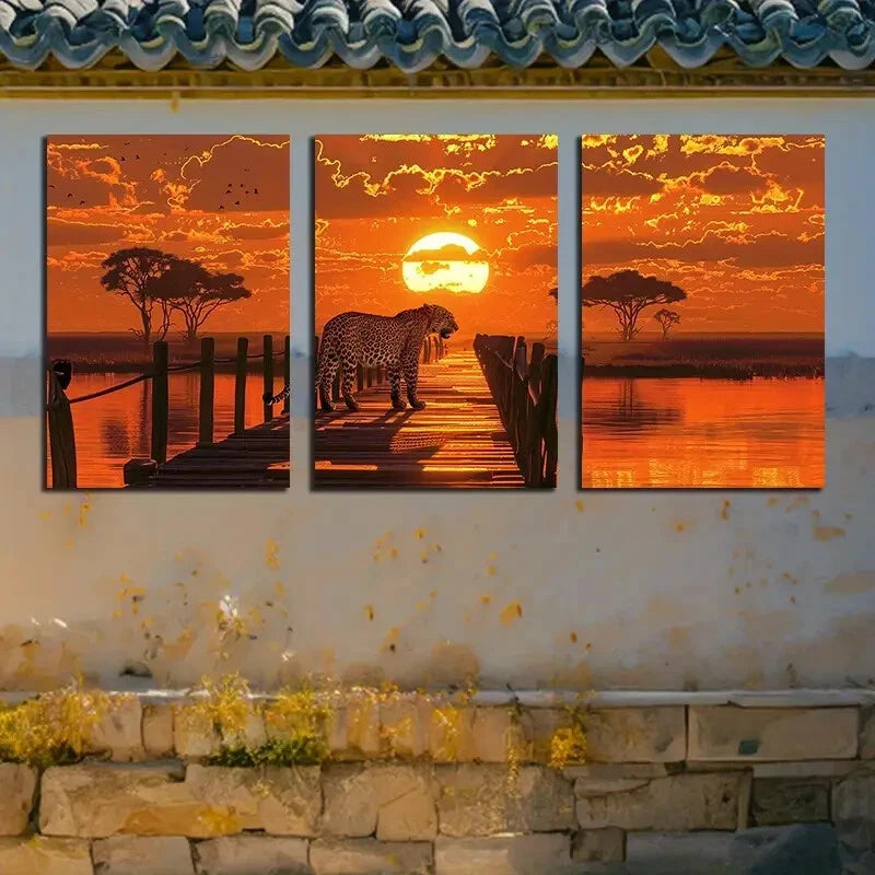 3pcs Leopard Sunset Tropical Savanna Metal Print Ready to Hang Art