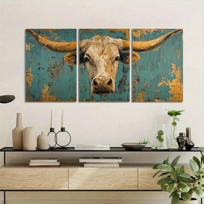 3pcs Distressed Painting of Longhorn Cow Metal Print Ready to Hang Art