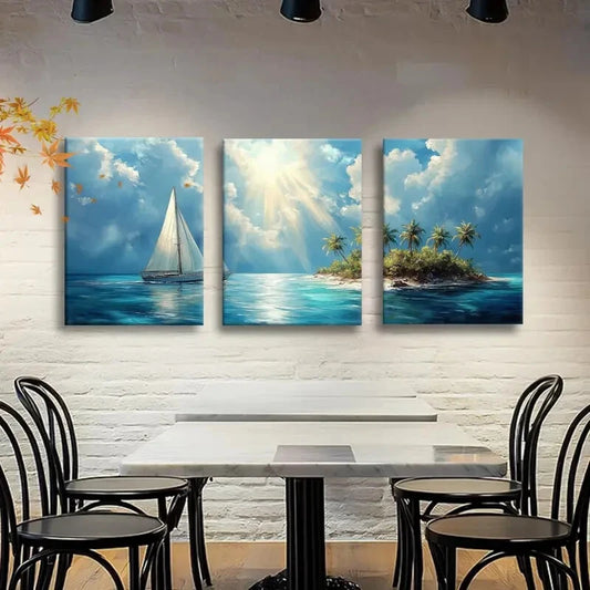3pcs Serene Ocean Landscape with Blue Sky Metal Print Ready to Hang Art