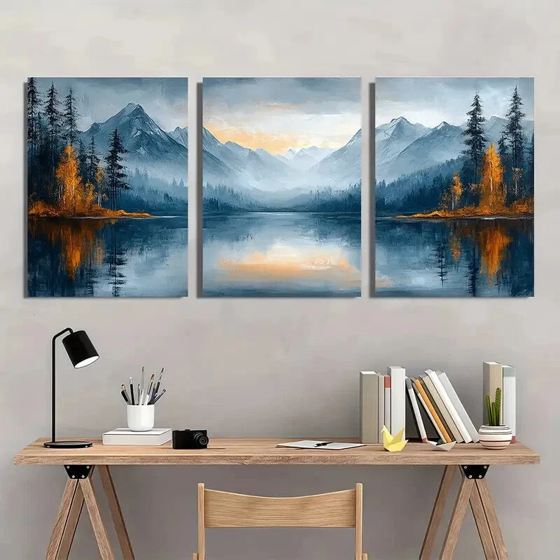3pcs Mountain Landscape Serene Blue & Golden Hue Metal Print Ready to Hang Art