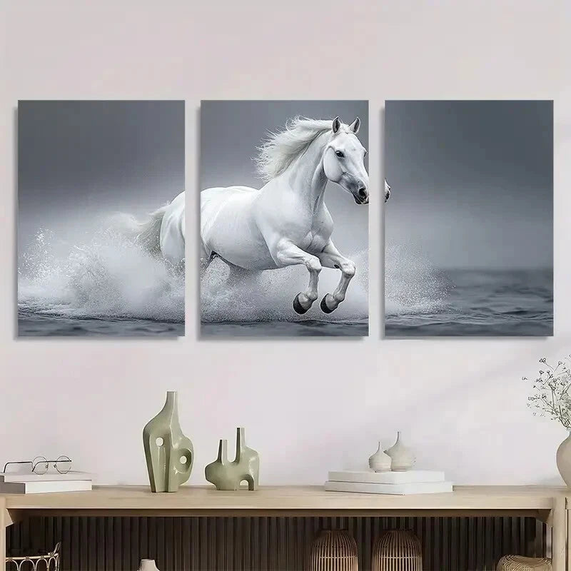 3pcs Dynamic White Horse Animal Themed Metal Print Ready to Hang Art