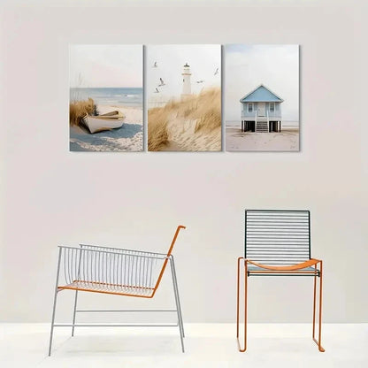 Three beach-themed wall art pieces on a wall with two metal chairs below.