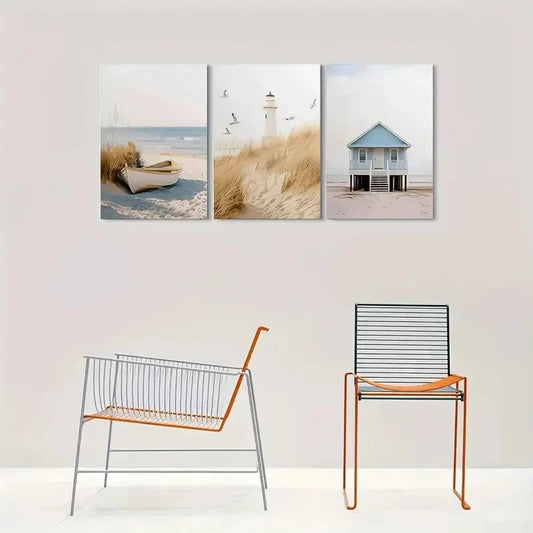 Three beach-themed wall art pieces on a wall with two metal chairs below.