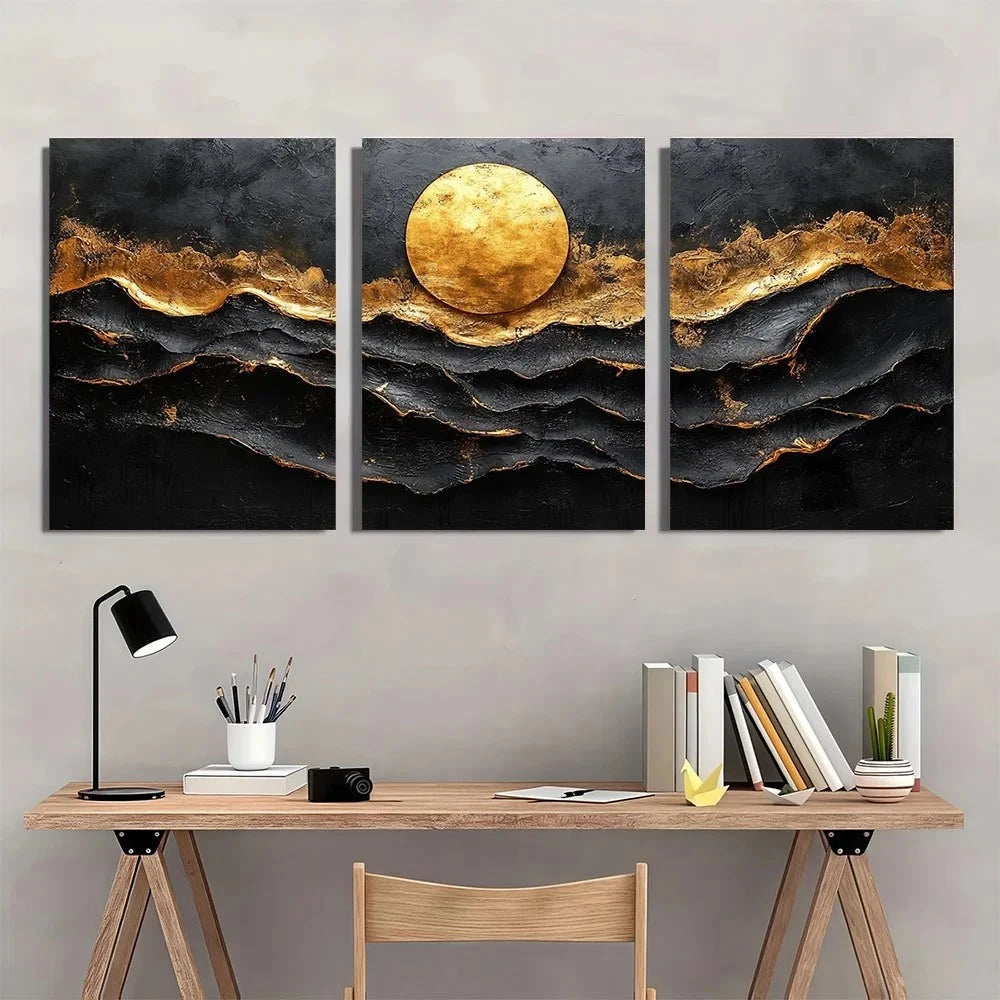 3pcs Black and Golden Abstract Metal Print Ready to Hang Art