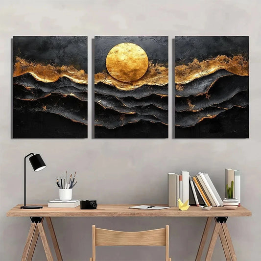 3pcs Black and Golden Abstract Metal Print Ready to Hang Art