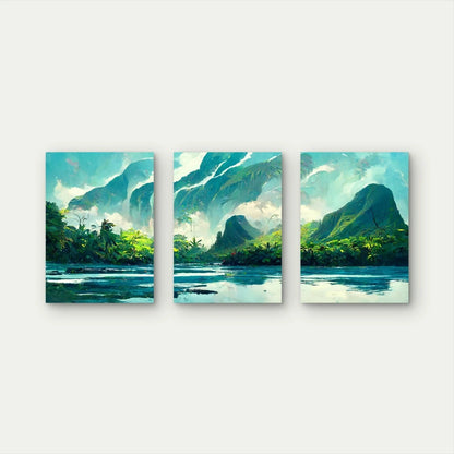3pcs Tropical Teal Watercolor Mountain Island Wall Art Set Canvas Framed 60x90cm - High Quality Print 100% Australian Made Wall Canvas Ready to Hang