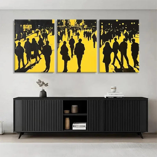 3pcs Yellow Black City Crowd Silhouette Perfect Wall Art Set Canvas Framed 40x60cm - High Quality Print 100% Australian Made Wall Canvas Ready to Hang